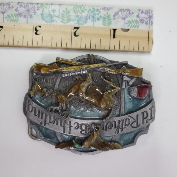 Vtg Siskiyou Belt Buckle I'd Rather Be Hunting Deer Buck Duck Rifle Guns 1987 3" - Picture 12 of 12